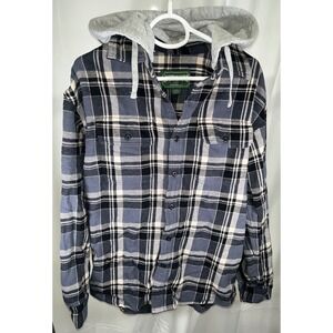 American Eagle Plaid Detachable Hood Flannel Shirt Blue White Gray Streetwear M